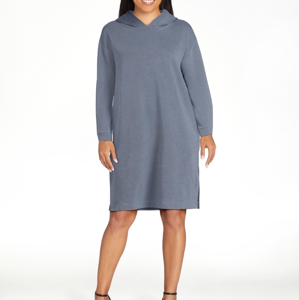 Denim Wash Long Sleeve Knee Length Ombre Sweater Hoodie Dress